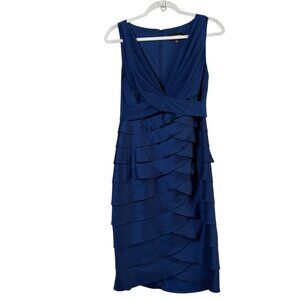 Adrianna Papell Sheath Tiered Pleat Dress Size 8 Navy Blue V Neck Cocktail Party